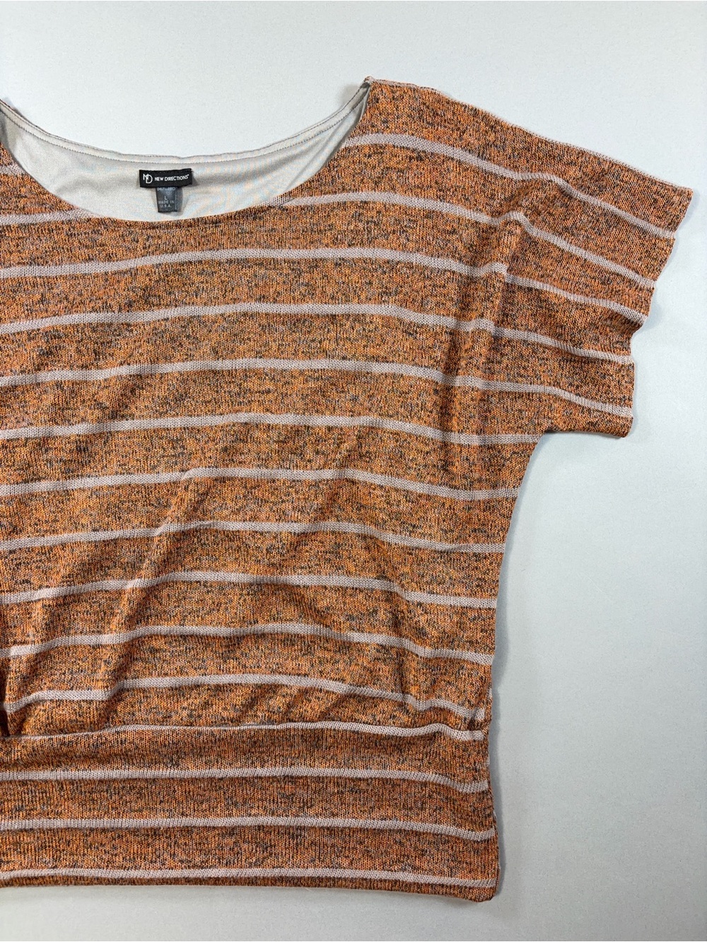 New Directions Orange Gray Striped Dolman Sleeve Knit Sweater Top L Made in USA